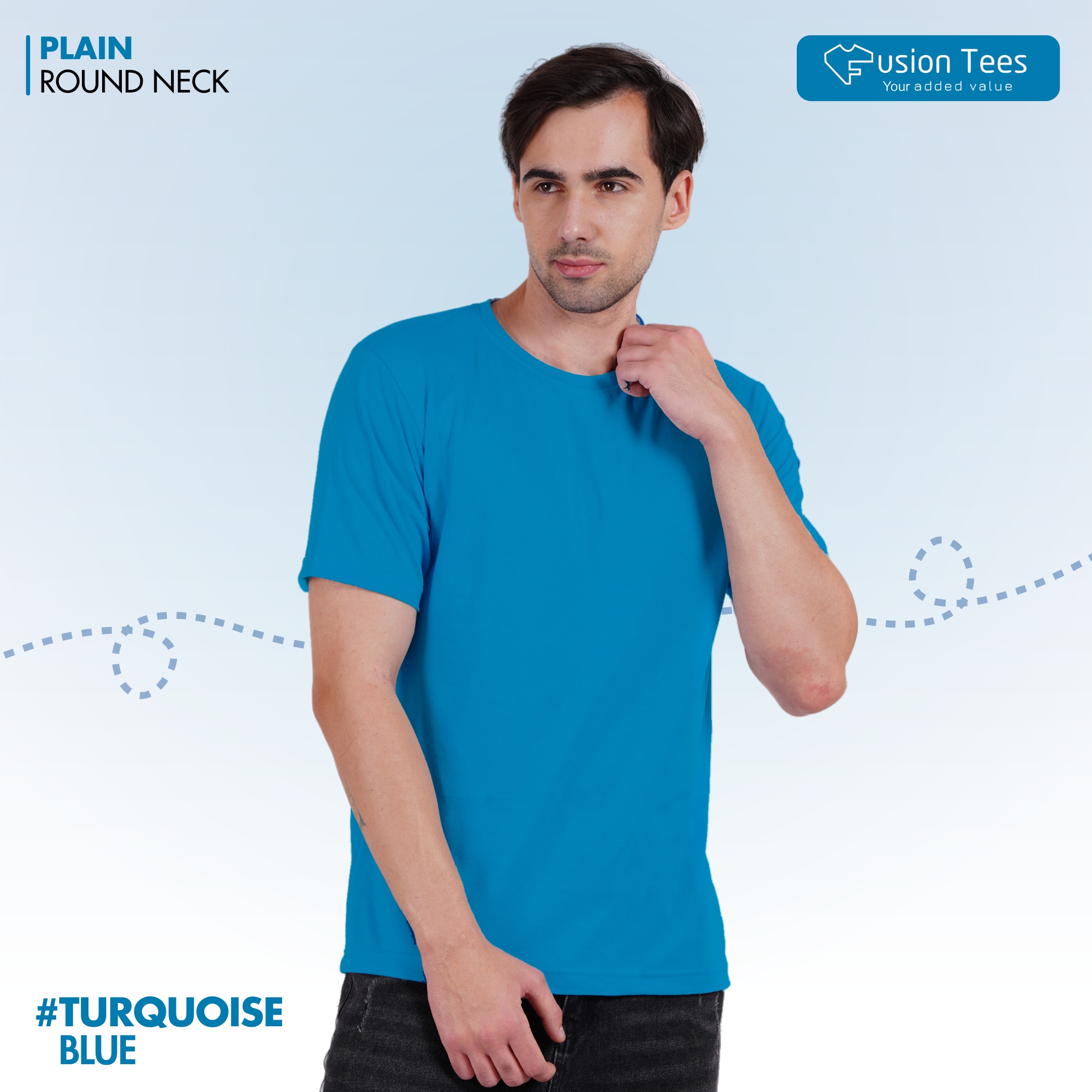 Turquoise Color - Cotton blend, Round neck, Half-Sleeves T-shirt